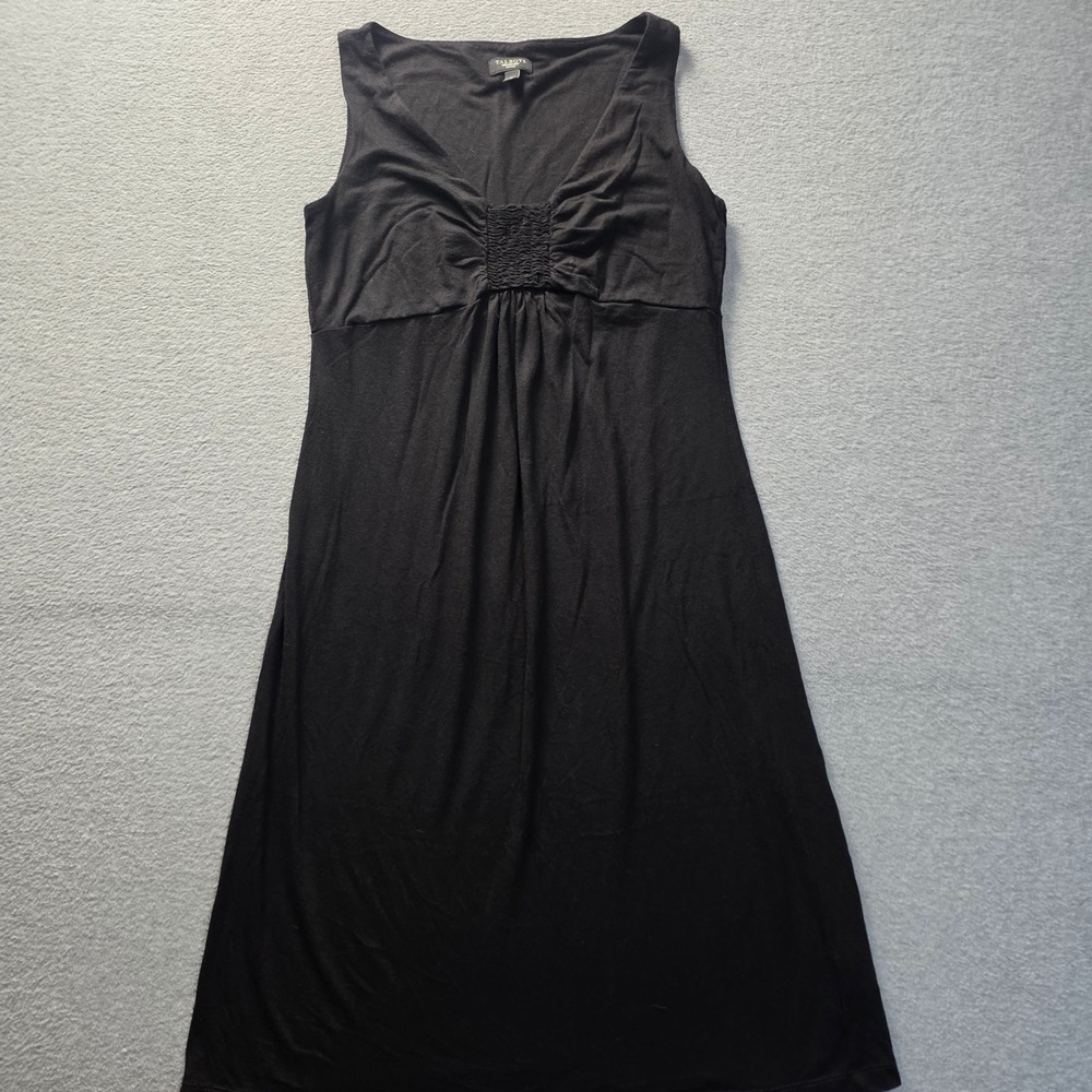 Talbots Petites Midi Dress Womens P Black Empire Waist Sleeveless Ruched V Neck
